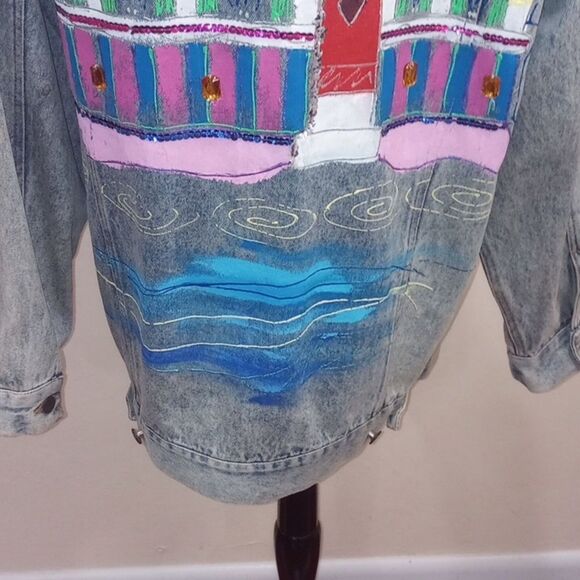 Vintage 80's Sportdeco Diner Acid Wash Hand Painted Embellished Denim Jacket - M - Picture 9 of 13